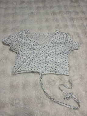 White Floral Ruched Front Crop Top with Tie